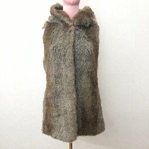 Kristen Blake Hooded Pockets Open Front Lined Brown Faux Fur Vest Womens Size S